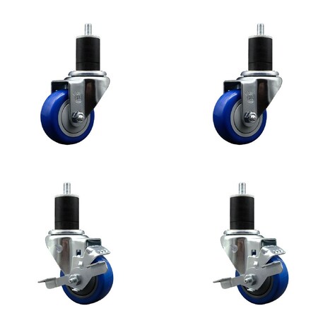 Service Caster 3'' SS Blue Poly Wheel Swivel 1-3/4'' Expanding Stem Caster Set 2 Brakes, 4PK SCC-SSEX20S314-PPUB-BLUE-2-TLB-2-134